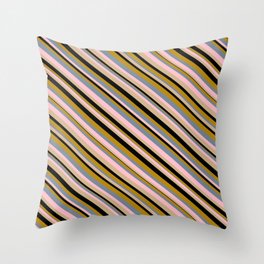 [ Thumbnail: Vibrant Light Slate Gray, Pink, Tan, Black, and Dark Goldenrod Colored Lined Pattern Throw Pillow ]