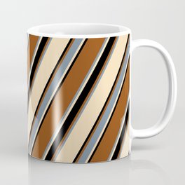 [ Thumbnail: Brown, Light Slate Gray, Tan, and Black Colored Lined/Striped Pattern Coffee Mug ]