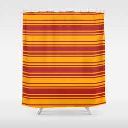 [ Thumbnail: Red & Orange Colored Lined/Striped Pattern Shower Curtain ]