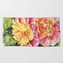 Pink and Yellow Roses Beach Towel