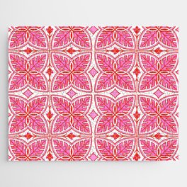 Pink and White Retro Tropical Monstera Leaves Jigsaw Puzzle