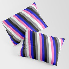 [ Thumbnail: Eye-catching Blue, Hot Pink, Mint Cream, Gray & Black Colored Lined Pattern Pillow Sham ]