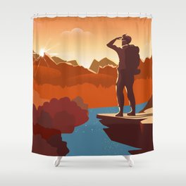 Traveller or explorer with backpack, standing on top of mountain or cliff and looking on valley. of adventure tourism and travel, discovery, exploration, hiking.  Shower Curtain