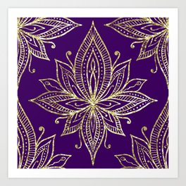 Purple Gold Lotus Damask Art Print