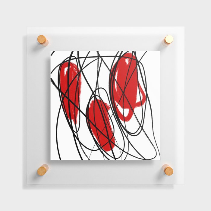 Three Circle Red, Black, and White Minimalist Abstract Linear Dot Painting Floating Acrylic Print