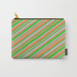 [ Thumbnail: Coral, Lime Green, and Grey Colored Striped Pattern Carry-All Pouch ]