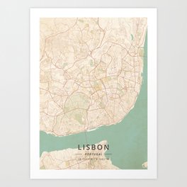 Lisbon, Portugal - Vintage Map Art Print