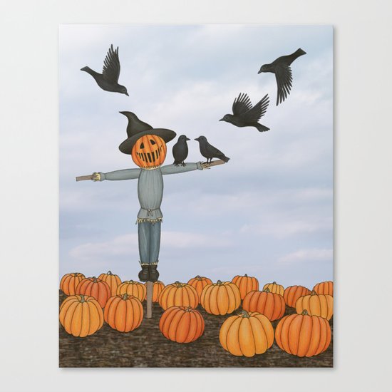 scarecrow and crows in the pumpkin patch Canvas Print