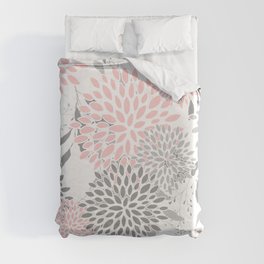 Festive, Floral Prints, Leaves and Blooms, Pink, Gray and White Duvet Cover