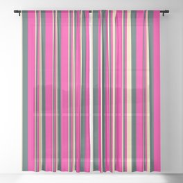 [ Thumbnail: Beige, Dark Slate Gray, and Deep Pink Colored Stripes/Lines Pattern Sheer Curtain ]