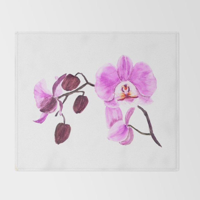 Pink Orchid Flower Watercolor Painting Throw Blanket By