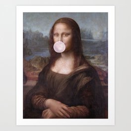 Mona Lisa blowing a pink bubble gum Art Print