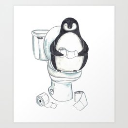 Penguin in the bathroom painting watercolour Art Print