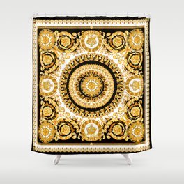 Vintage baroque illustration pattern, antique elements with golden frame on black background. Luxury victorian floral golden elements in a circle and greek lines. Shower Curtain