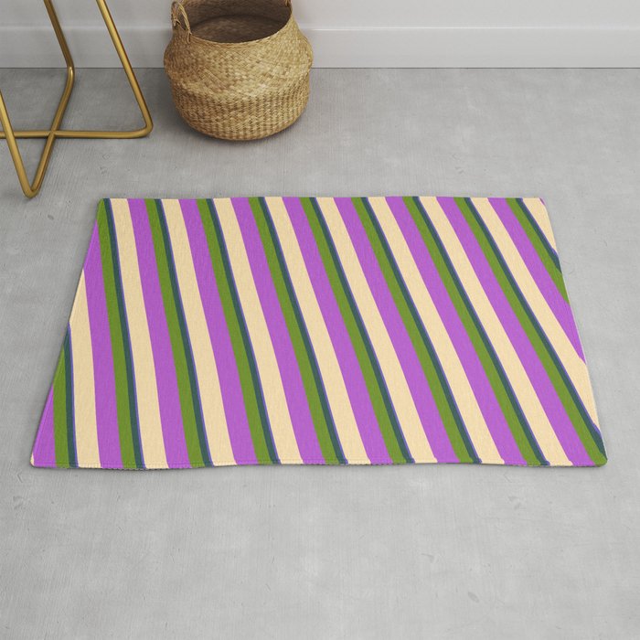 Colorful Slate Blue, Dark Slate Gray, Green, Orchid & Beige Colored Striped Pattern Rug