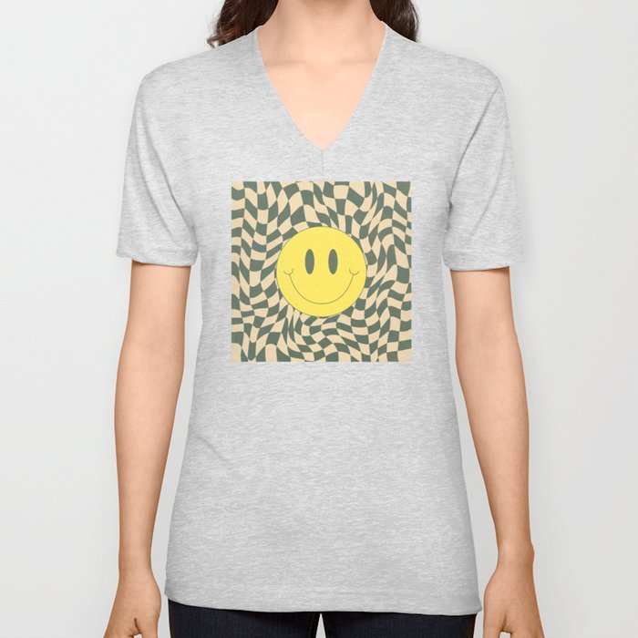 Sage green smiley warp checked V Neck T Shirt