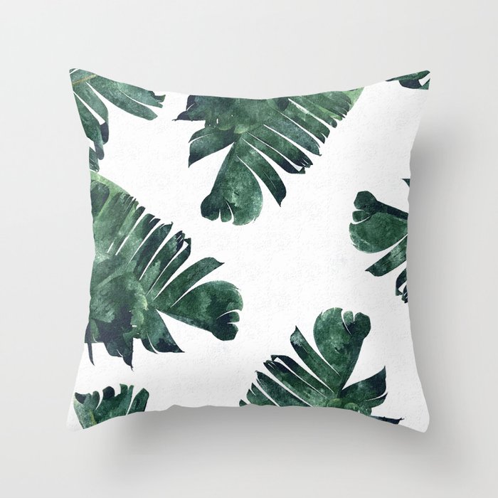 Banana Leaf Watercolor Painting, Tropical Nature Botanical Palm Illustration Bohemian Minimal Luxe Throw Pillow