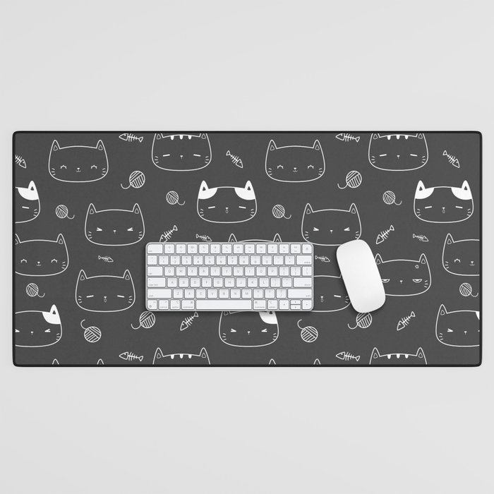 Dark Grey and White Doodle Kitten Faces Pattern Desk Mat