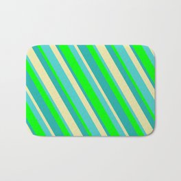 [ Thumbnail: Lime, Light Sea Green, Pale Goldenrod & Turquoise Colored Stripes/Lines Pattern Bath Mat ]
