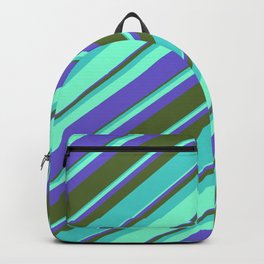 [ Thumbnail: Aquamarine, Slate Blue, Dark Olive Green, and Turquoise Colored Lines Pattern Backpack ]