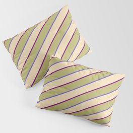 [ Thumbnail: Dark Khaki, Slate Blue, Tan & Purple Colored Striped/Lined Pattern Pillow Sham ]