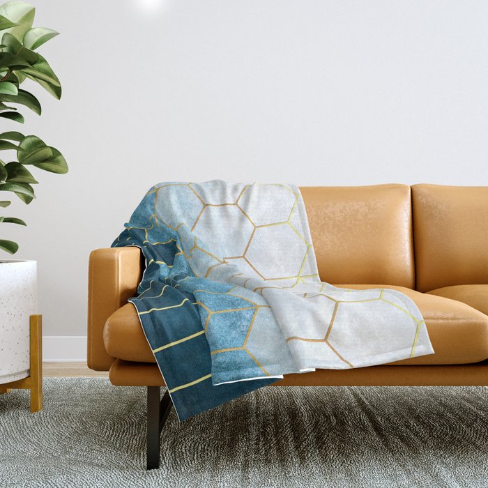 Cerulean Blue Golden Hexagons Abstract Design Throw Blanket by EscapistDecor Society6