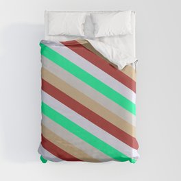 [ Thumbnail: Vibrant Green, Light Gray, Tan, Brown, and Lavender Colored Lines Pattern Duvet Cover ]