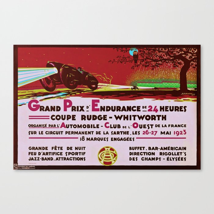 1923 red Grand Prix D'endurance De 24 Heures / Coupe Rudge - Whitworth Le mans grand prix racing automobile vintage poster Canvas Print