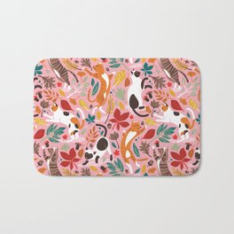 Autumn joy // light pink background cats dancing with many leaves in fall colors Bath Mat | Leaf, Greytabby, Kitten, Botanicals, Feline, Orangetabby, Playful, Autumn, Mushrooms, Tabbypatch 