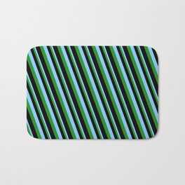 [ Thumbnail: Light Sky Blue, Forest Green & Black Colored Pattern of Stripes Bath Mat ]