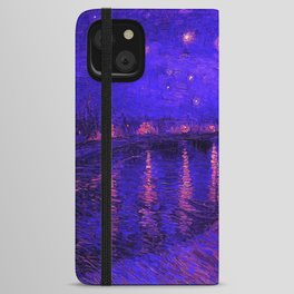 Starry Night Over the Rhone landscape painting by Vincent van Gogh in alternate midnight blue with pink stars iPhone Wallet Case