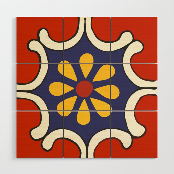Talavera Mexican Bold Yellow Flora with Red Background Wood Wall Art