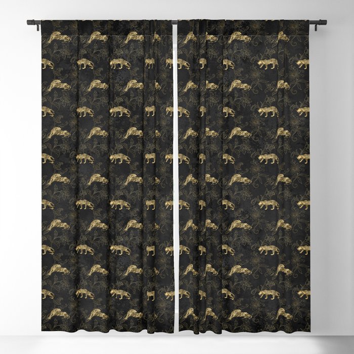 Black Gold Floral Leopard Pattern Blackout Curtain