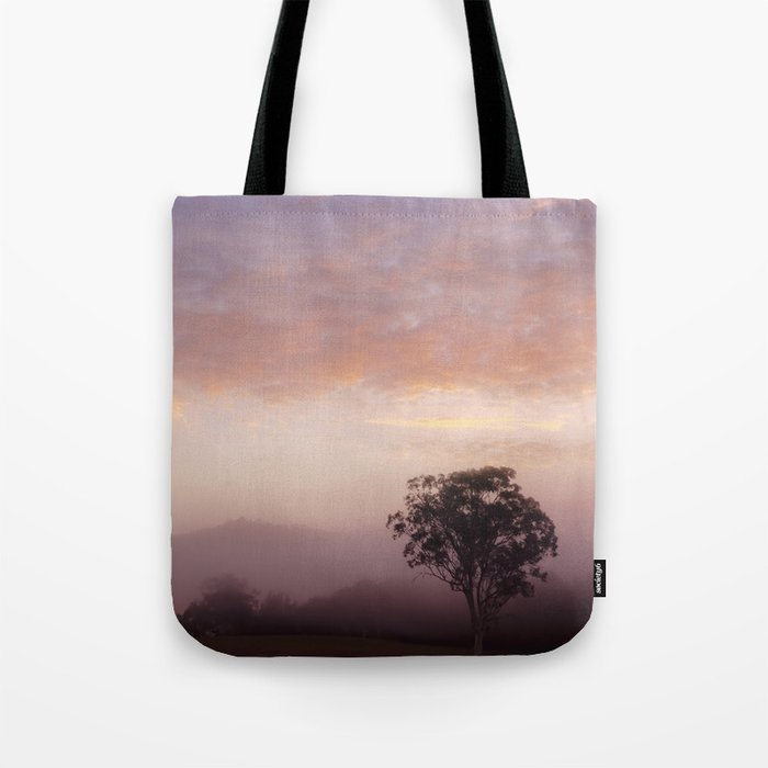 /// Bubble gum mornings /// Landscape photography of early morning tree in the fog at sunrise, NSW Australia Tote Bag