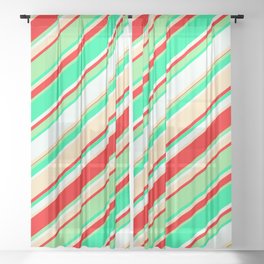 [ Thumbnail: Colorful Red, Light Green, Green, Mint Cream, and Beige Colored Striped Pattern Sheer Curtain ]