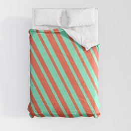 [ Thumbnail: Red & Aquamarine Colored Stripes Pattern Comforter ]
