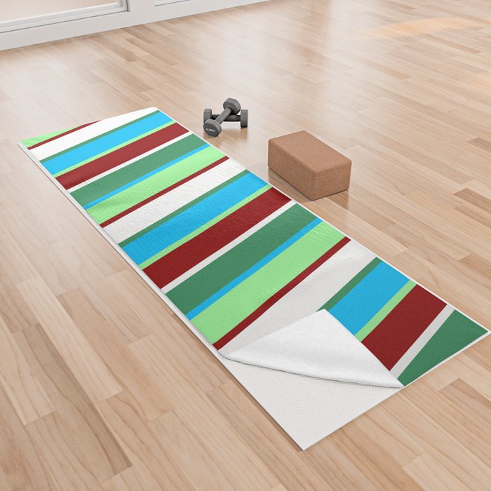 Vibrant Green, Deep Sky Blue, Sea Green, White & Dark Red Colored Lines Pattern Yoga Towel