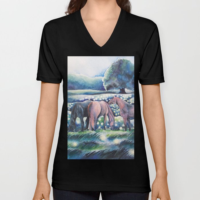 Moonlit Summer Night Horses And Fireflies V Neck T Shirt