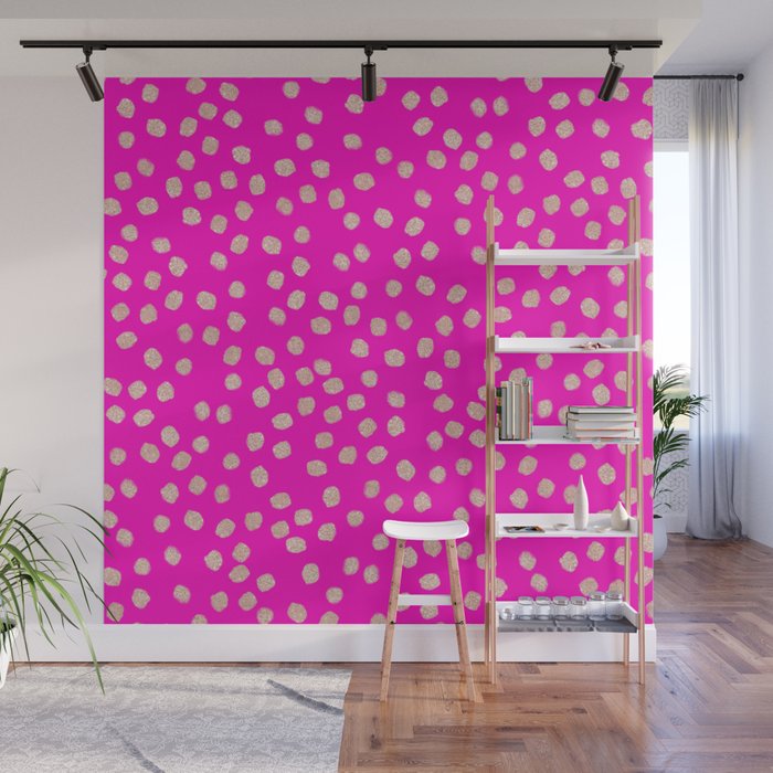 Modern rose gold glitter polka dots neon pink attern Wall Mural