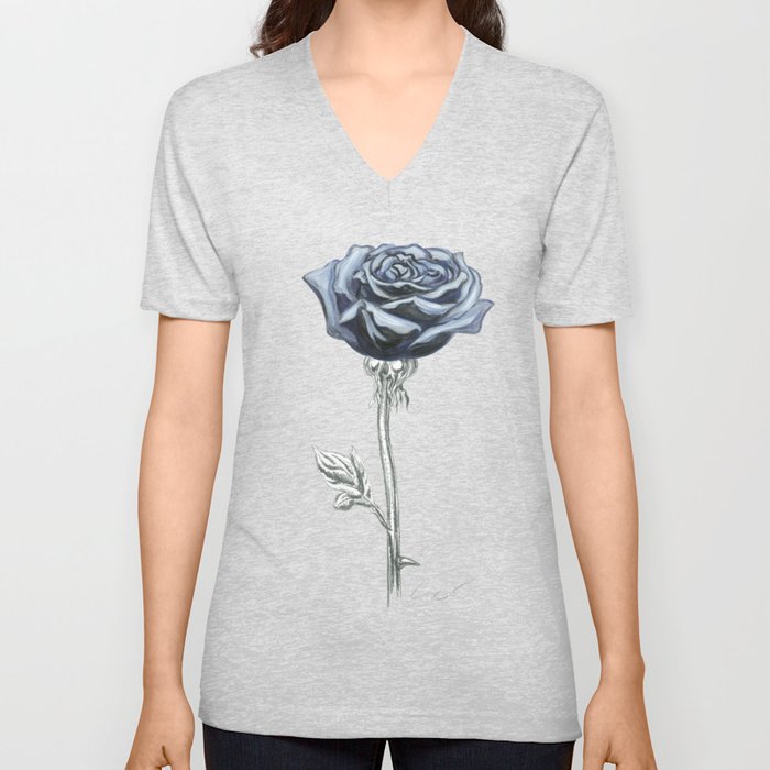 Rose 03 Botanical Flower * Blue Black Rose : Love, Honor, Faith, Beauty, Passion, Devotion & Wisdom V Neck T Shirt