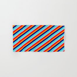 [ Thumbnail: Vibrant Sky Blue, Red, Dark Orange, Dark Blue, and Turquoise Colored Striped/Lined Pattern Hand & Bath Towel ]