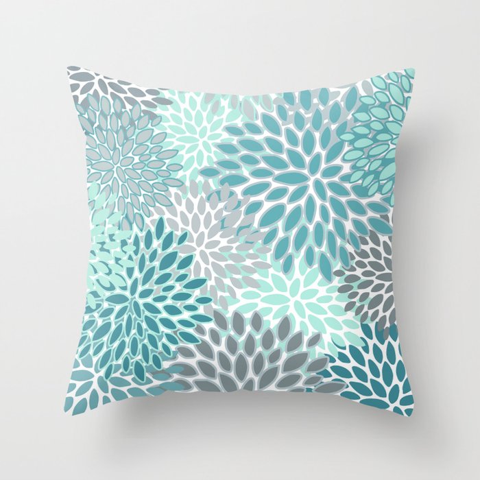 Modern, Floral Prints, Teal and Gray Throw Pillow