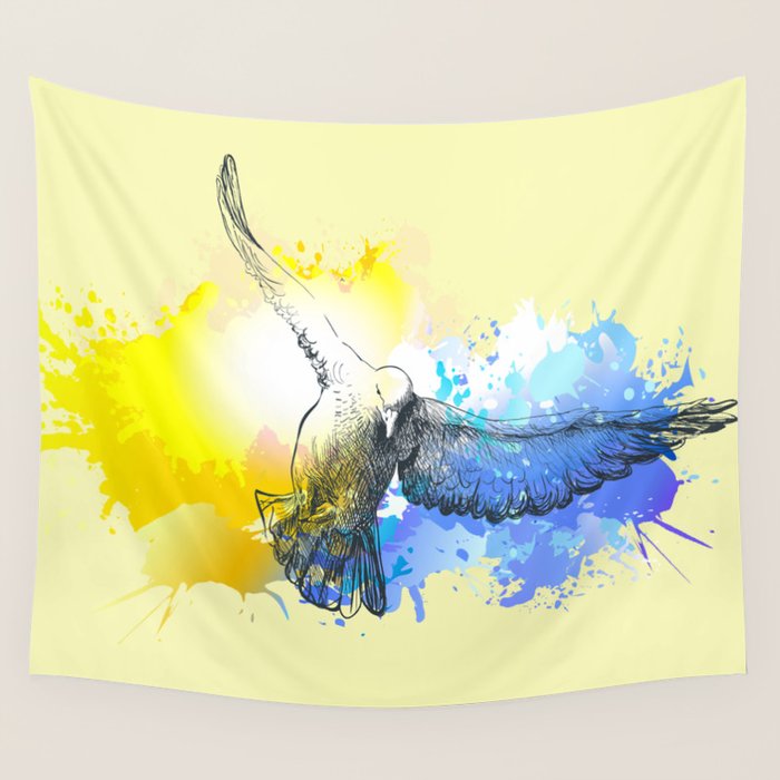 Doves Birds Flying Colorful Watercolor Painting Wall Tapestry By