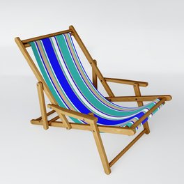 [ Thumbnail: Blue, Tan, Light Sea Green, and White Colored Striped Pattern Sling Chair ]