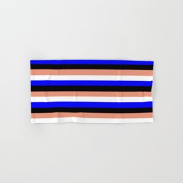 [ Thumbnail: Dark Salmon, White, Blue & Black Striped Pattern Hand & Bath Towel ]