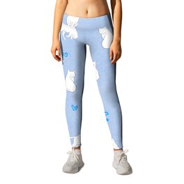 White Cats With Blue Hearts Pattern/Light Blue Background Leggings