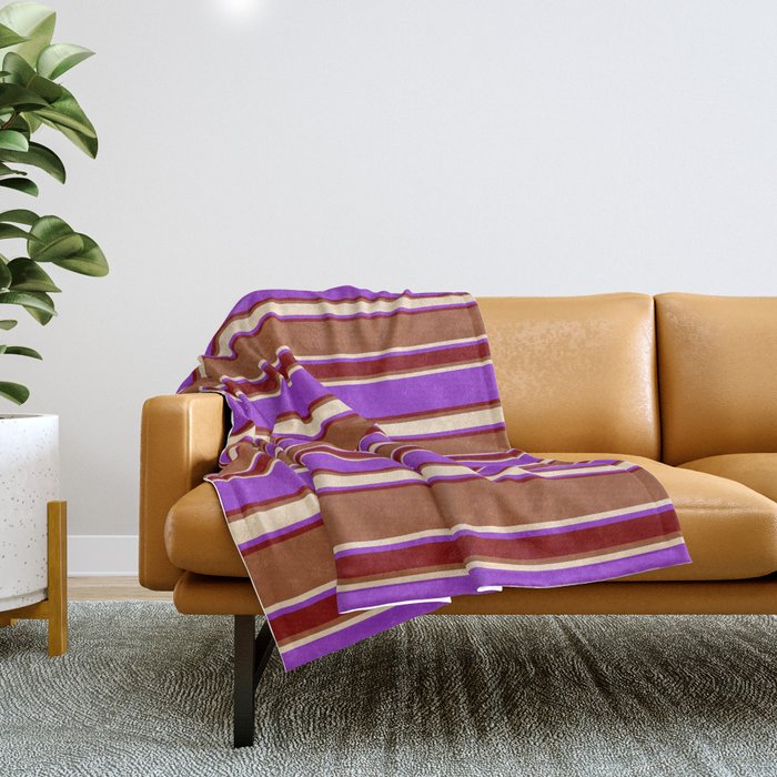 Sienna, Bisque, Dark Orchid, and Maroon Colored Lined/Striped Pattern Throw Blanket