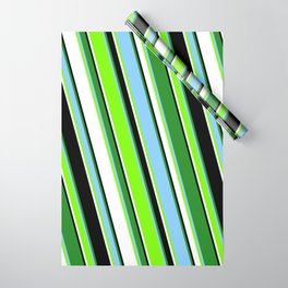 [ Thumbnail: Colorful Forest Green, Light Sky Blue, Green, White, and Black Colored Pattern of Stripes Wrapping Paper ]