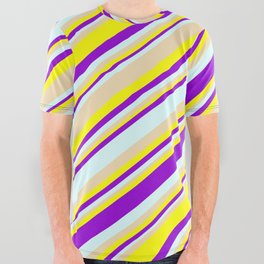 [ Thumbnail: Tan, Yellow, Dark Violet & Light Cyan Colored Striped Pattern All Over Graphic Tee ]