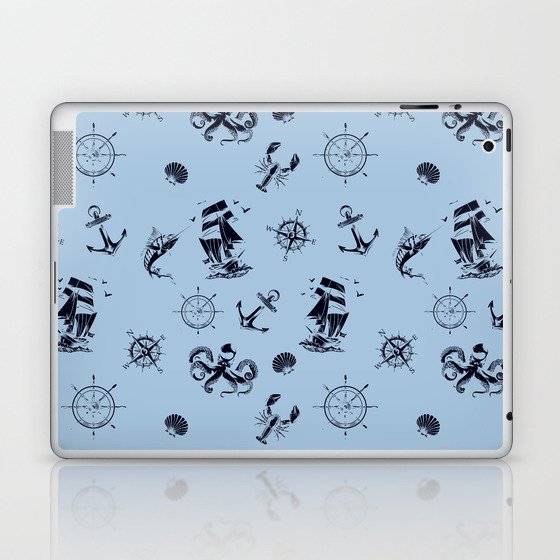 Pale Blue And Blue Silhouettes Of Vintage Nautical Pattern Laptop & iPad Skin